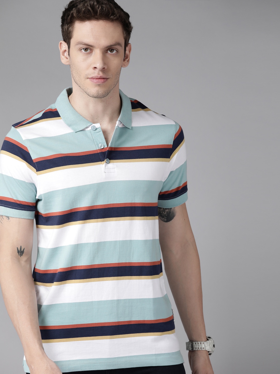 

Roadster Men Blue & White Striped Polo Collar Pure Cotton T-shirt