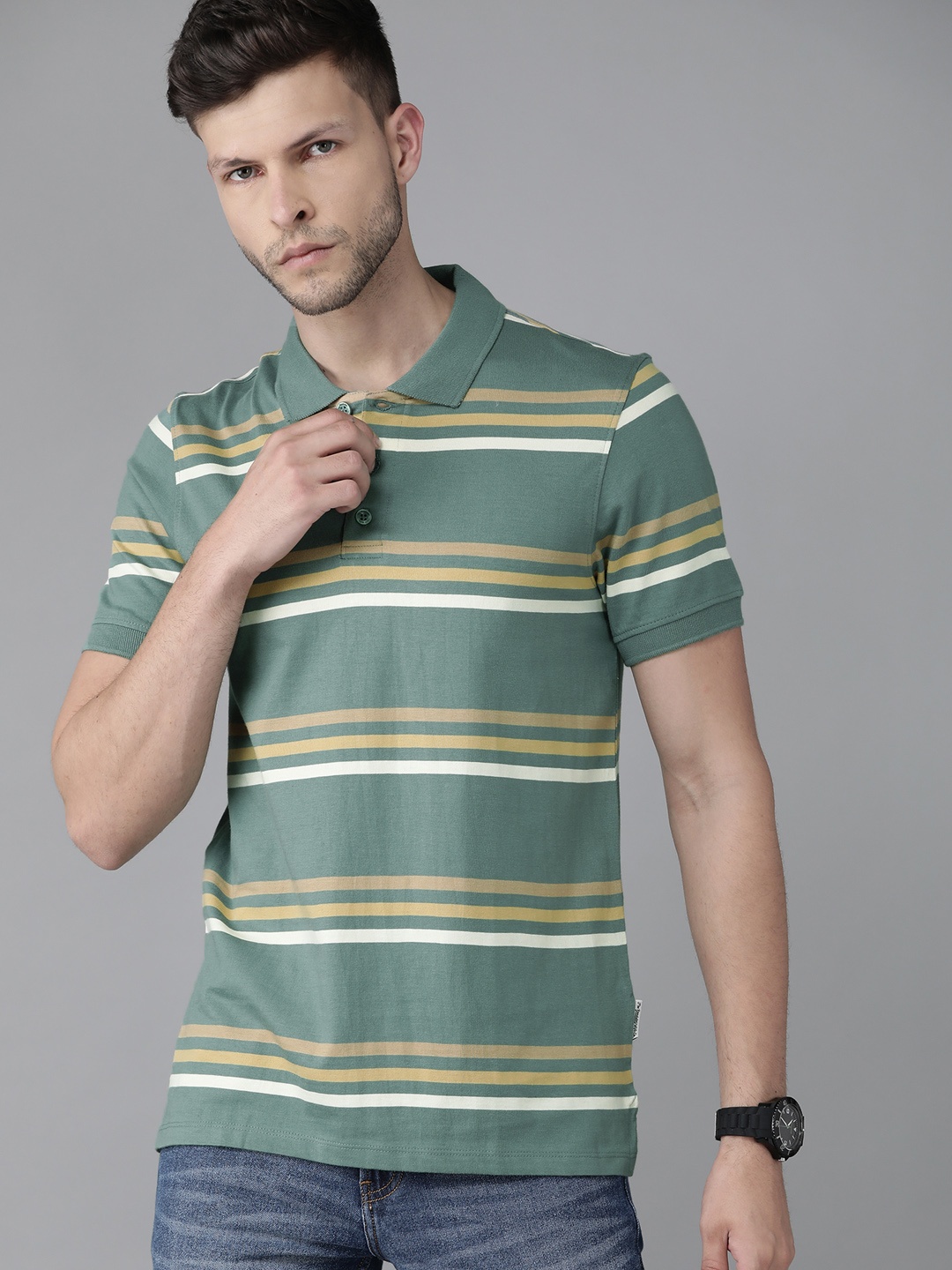 

Roadster Men Sage Green & Beige Striped Polo Collar Pure Cotton T-shirt
