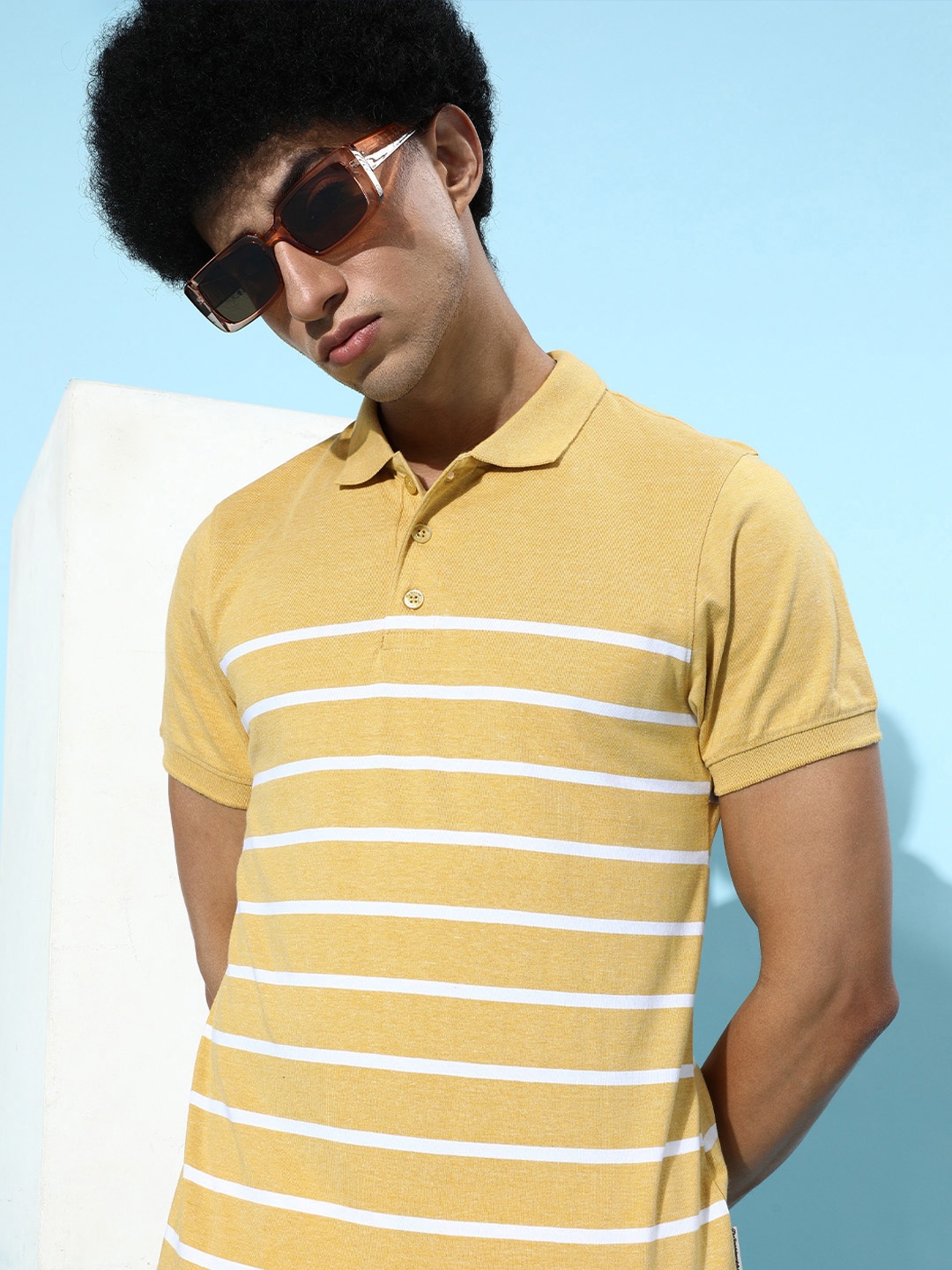 

The Roadster Lifestyle Co. Men Yellow & White Striped Polo Collar Pure Cotton T-shirt