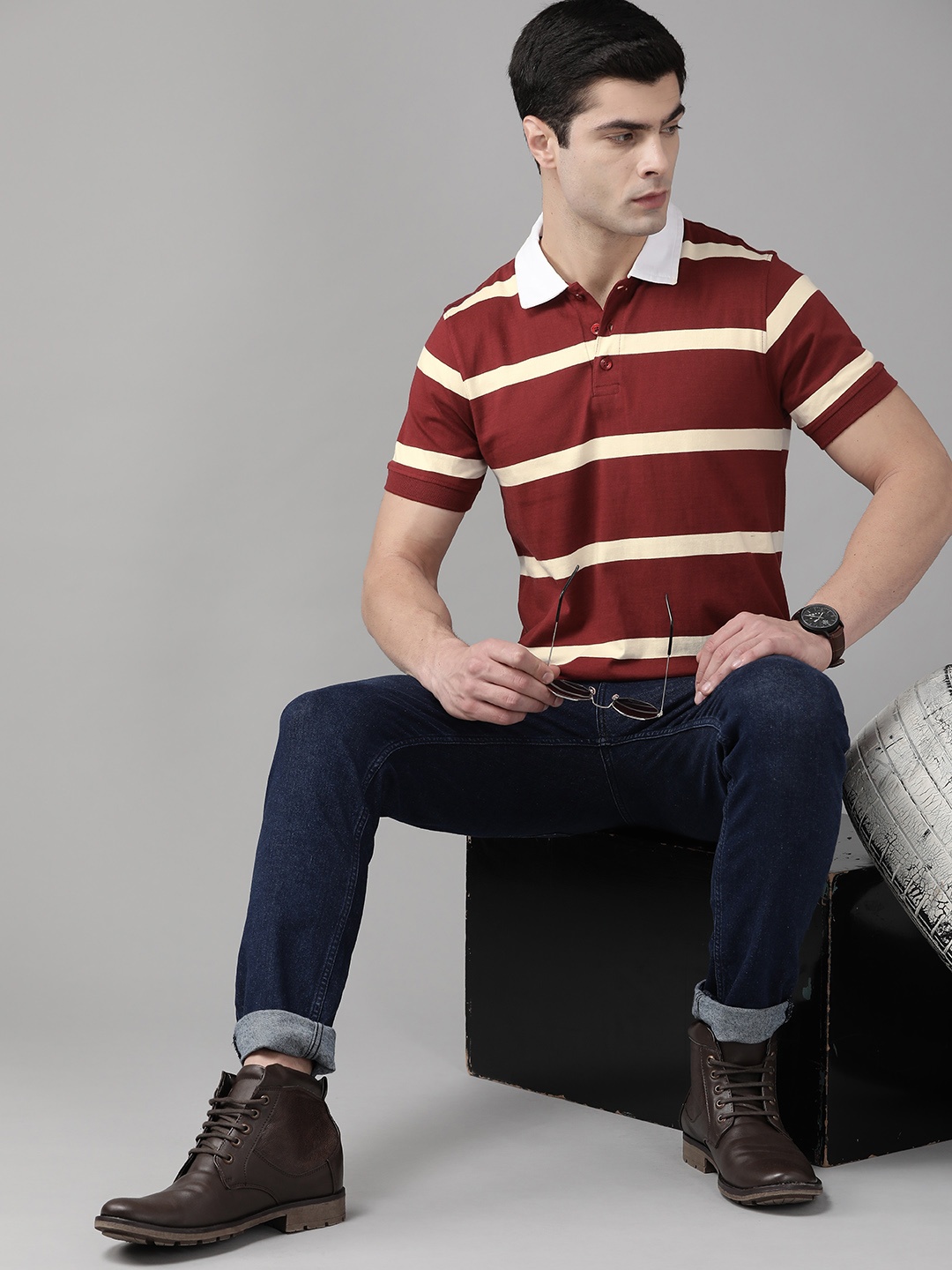

Roadster Men Maroon & Cream-Coloured Striped Polo Collar Pure Cotton T-shirt