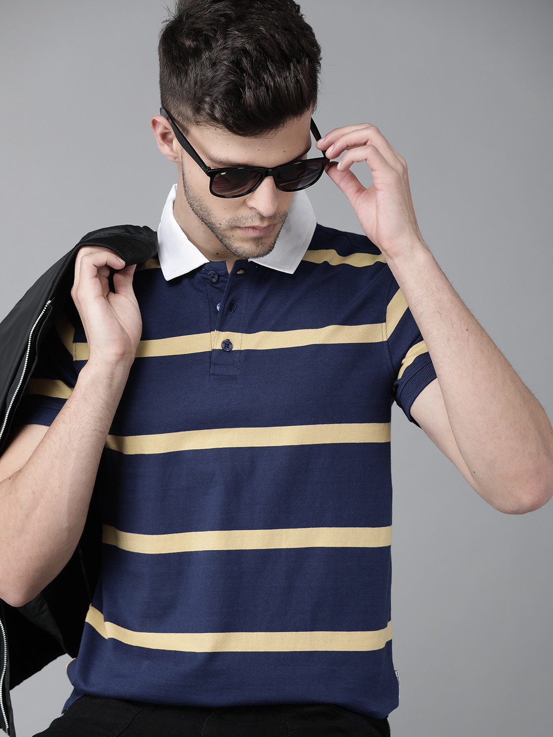 

Roadster Men Navy Blue & Khaki Striped Polo Collar Pure Cotton T-shirt