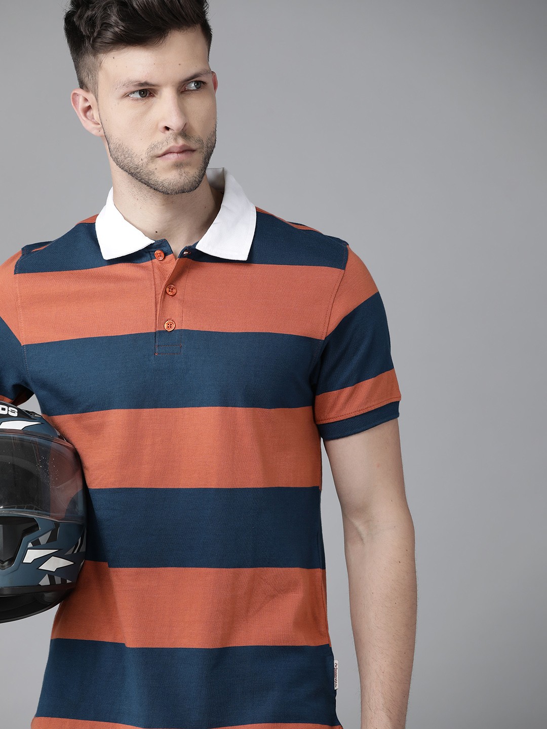 

Roadster Men Rust Red & Navy Blue Striped Polo Collar Pure Cotton T-shirt