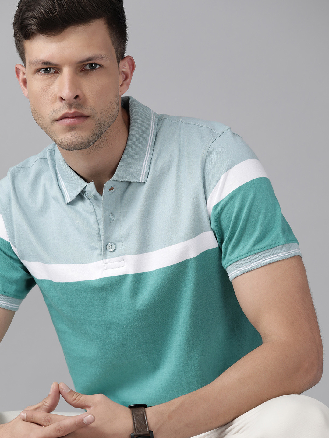

Roadster Men Blue & Green Colourblocked Polo Collar Pure Cotton T-shirt