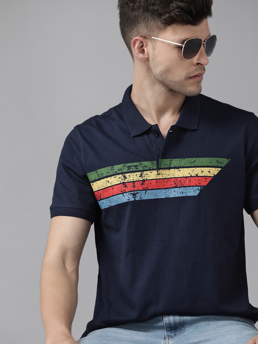 

Roadster Men Navy Blue & Red Striped Polo Collar Pure Cotton T-shirt