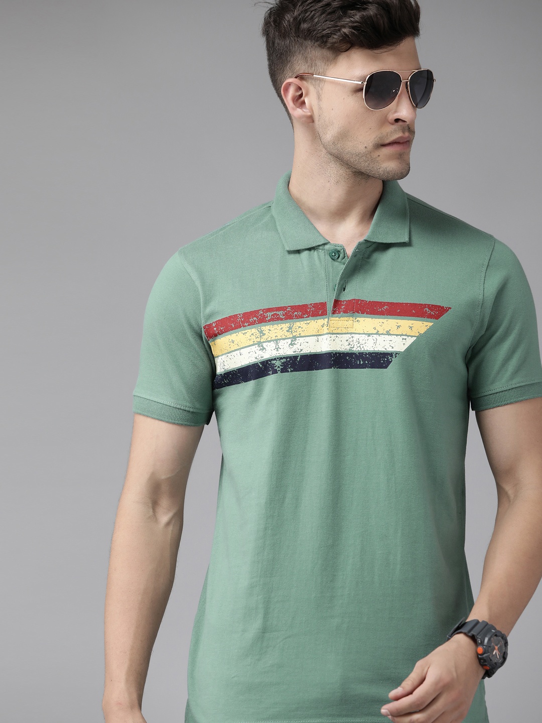 

Roadster Men Green Striped Polo Collar Pure Cotton T-shirt