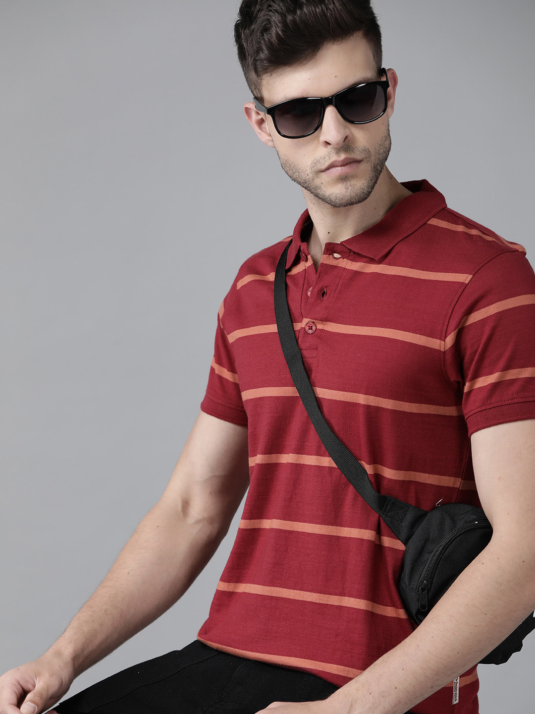 

Roadster Men Maroon & Beige Striped Polo Collar Pure Cotton T-shirt