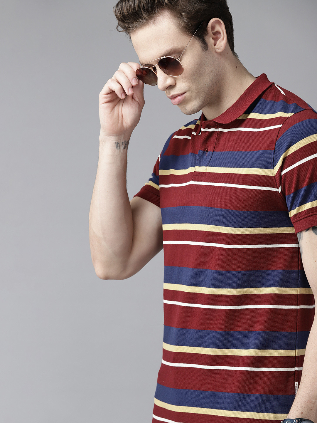 

Roadster Men Maroon & Navy Blue Striped Polo Collar Pure Cotton T-shirt