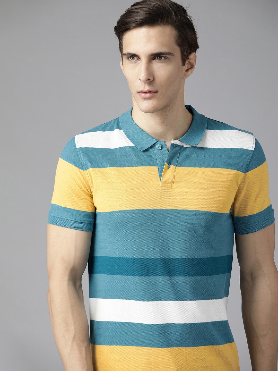 

Roadster Men Blue & Khaki Striped Polo Collar Pure Cotton T-shirt