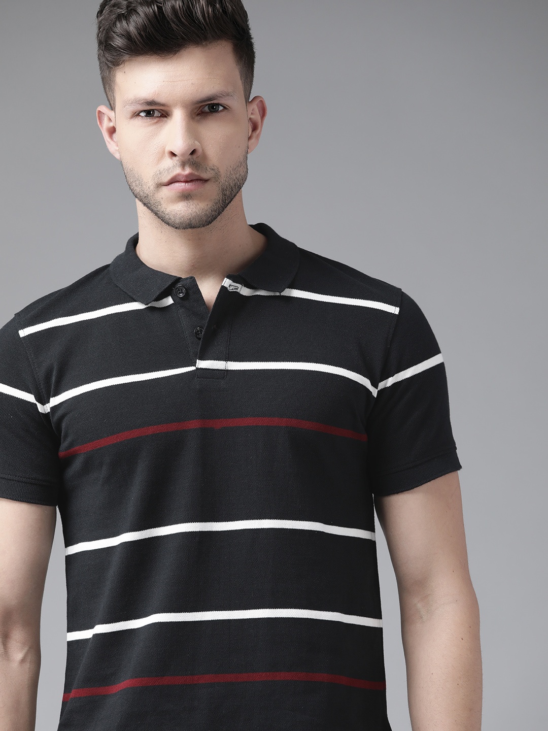 

Roadster Men Black & White Pure Cotton Striped Polo Collar T-shirt