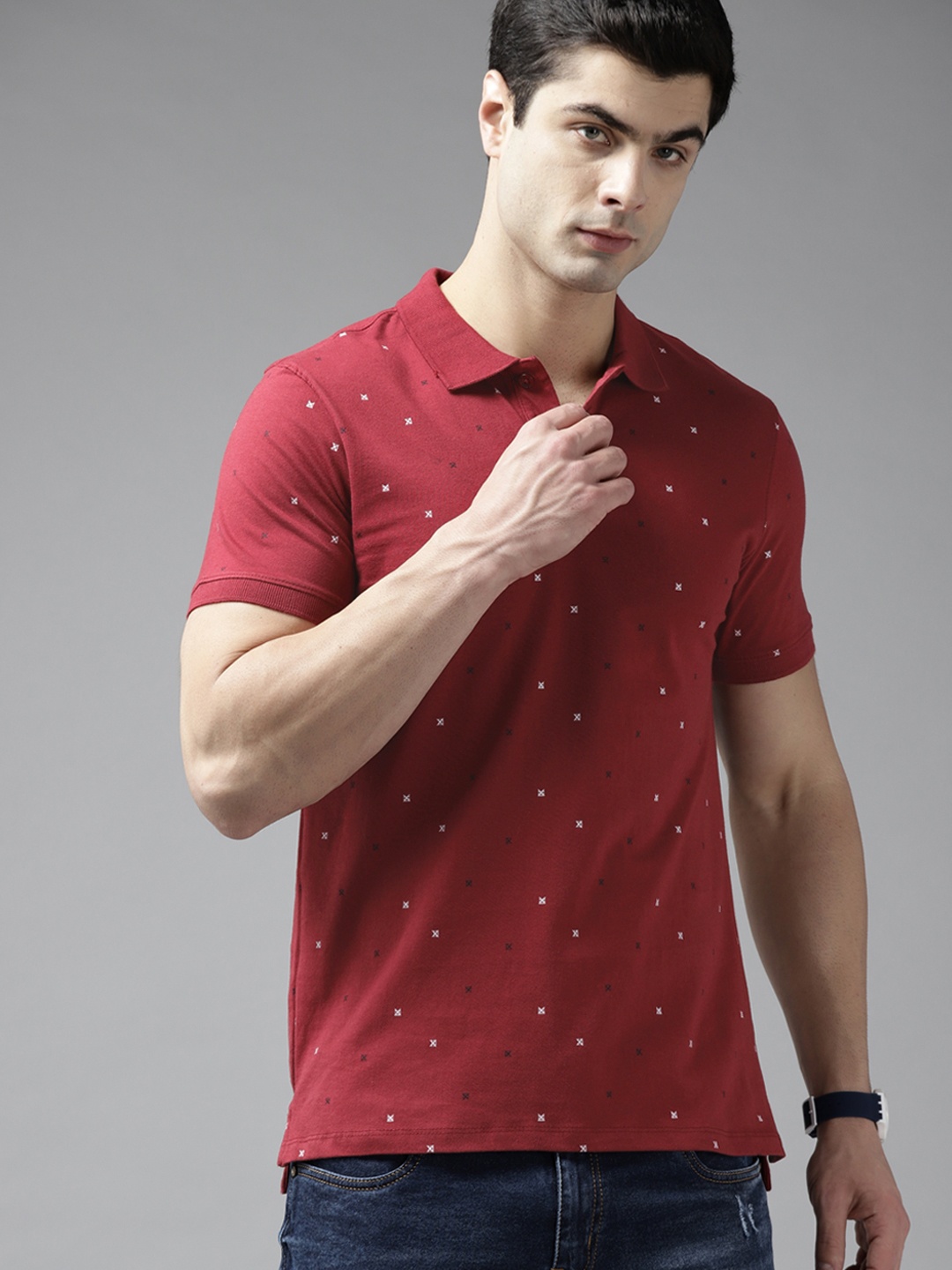 

Roadster Men Red & White Printed Polo Collar Pure Cotton T-shirt