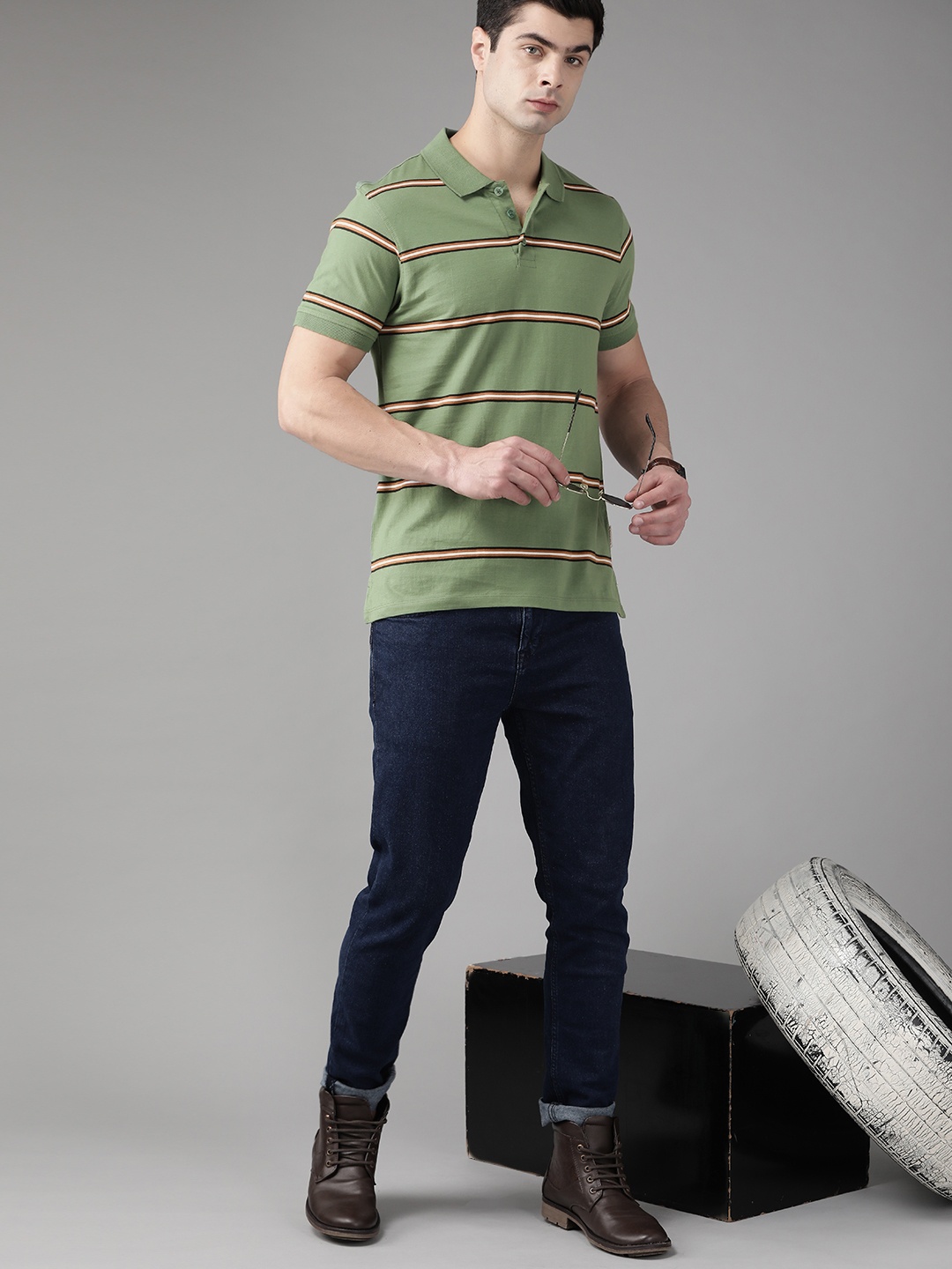 

Roadster Men Olive Green & Black Striped Polo Collar Pure Cotton T-shirt