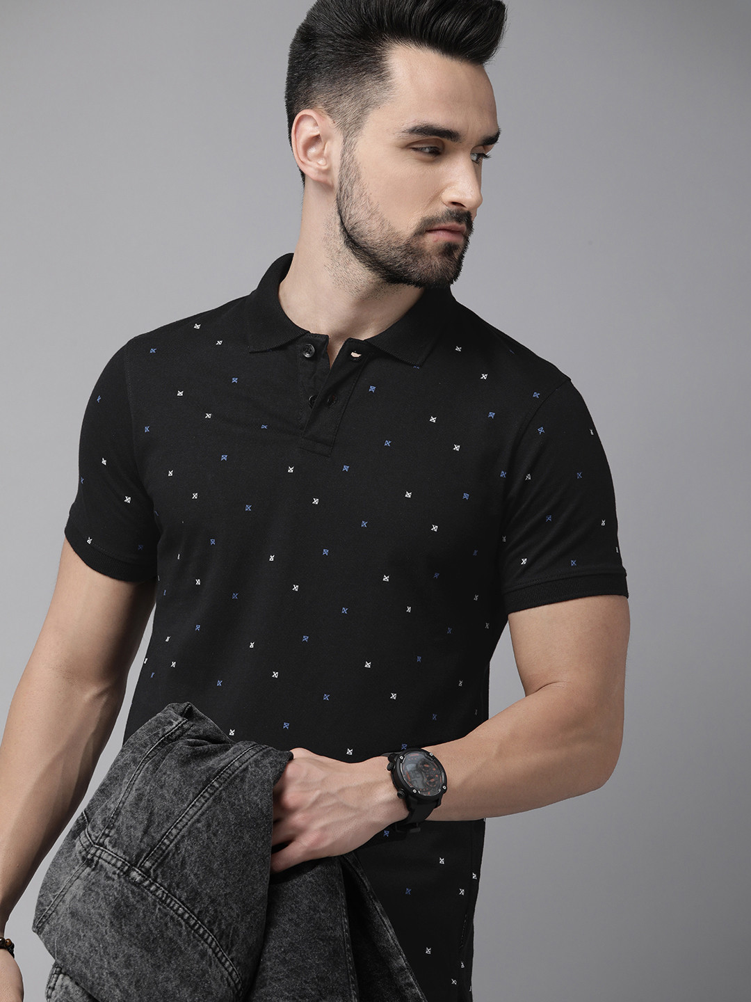 

The Roadster Lifestyle Co. Men Black Printed Pure Cotton Polo Collar T-shirt