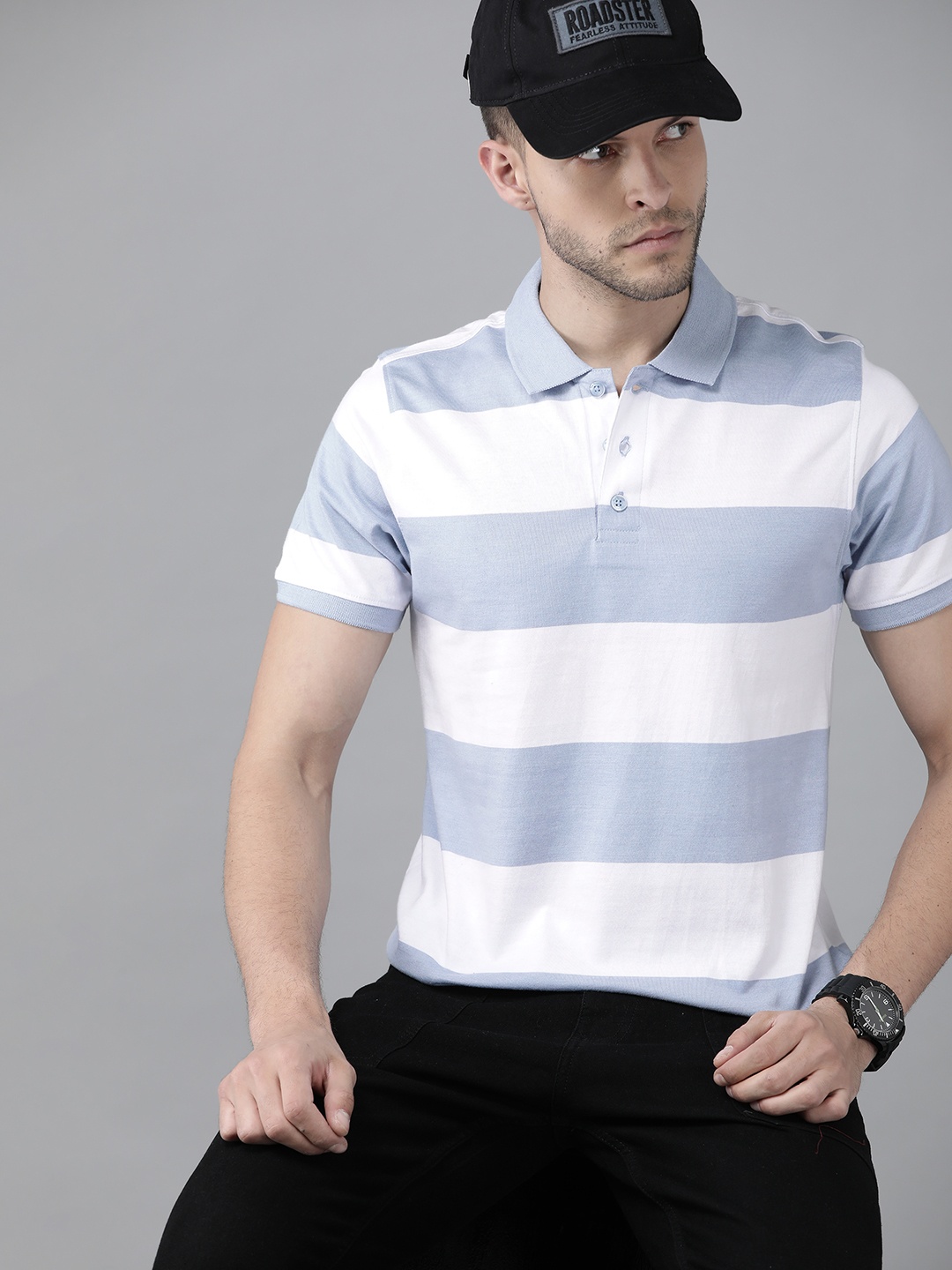 

Roadster Men White & Blue Striped Polo Collar Pure Cotton T-shirt