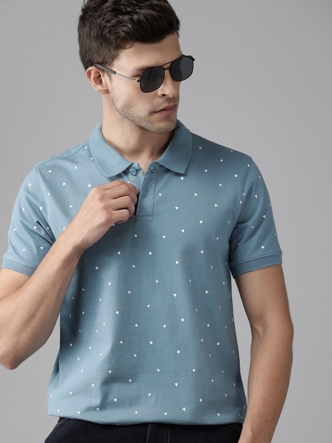 

Roadster Men Blue & White Printed Polo Collar Pure Cotton T-shirt