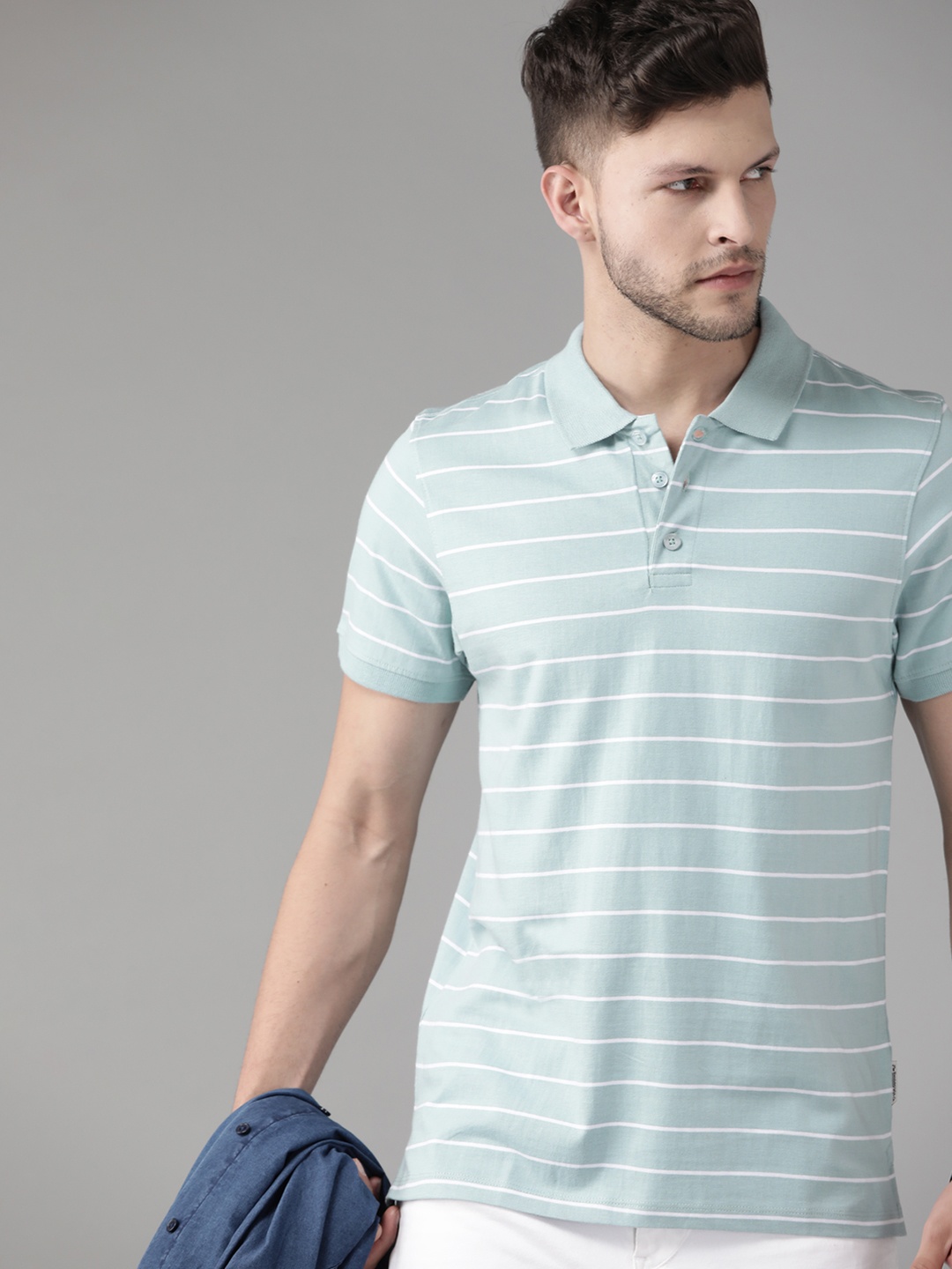 

Roadster Men Blue & White Striped Polo Collar Pure Cotton T-shirt