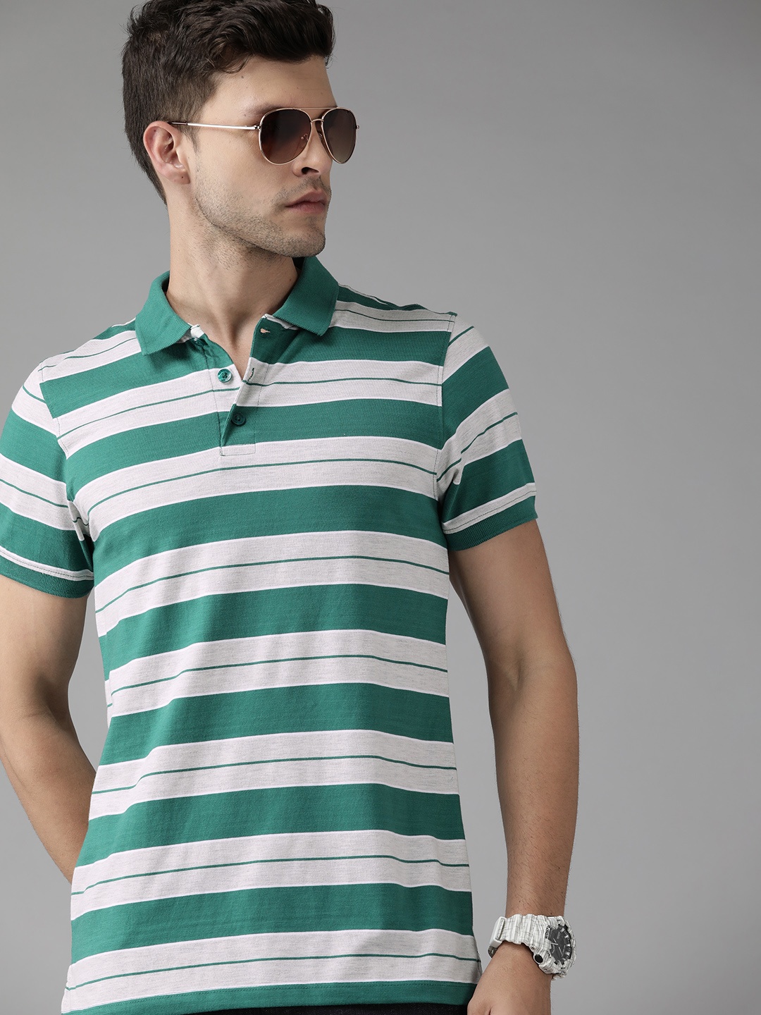 

Roadster Men Green & Grey Melange Striped Polo Collar T-shirt
