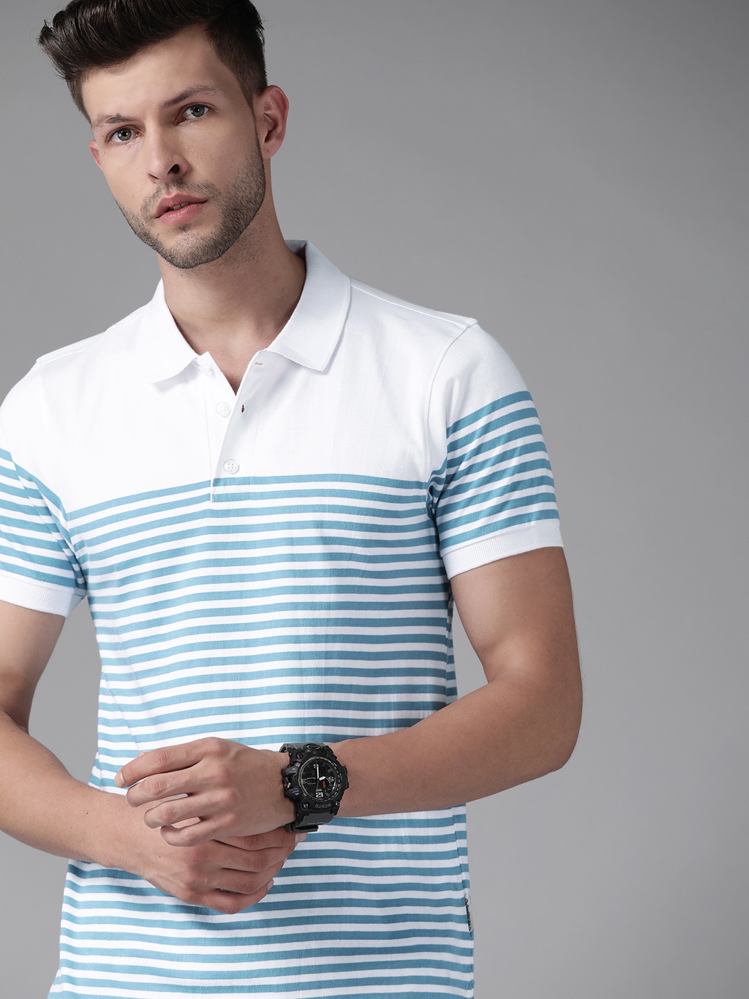 

Roadster Men White & Blue Striped Polo Collar Pure Cotton T-shirt