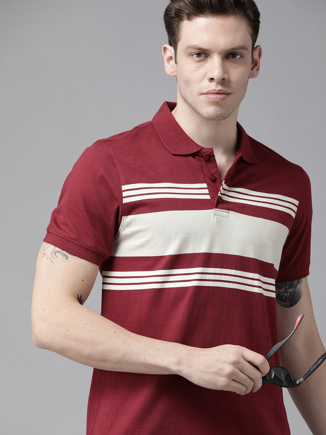 

Roadster Men Maroon & Off White Striped Polo Collar Pure Cotton T-shirt