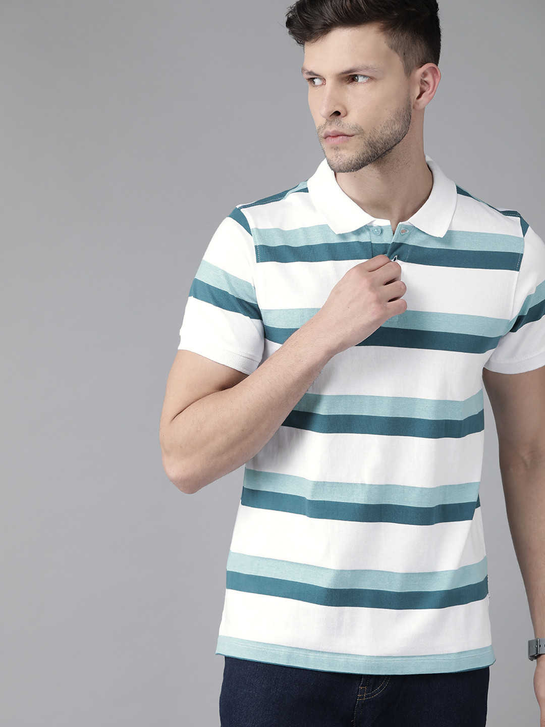 

Roadster Men White & Sea Green Striped Polo Collar Pure Cotton T-shirt