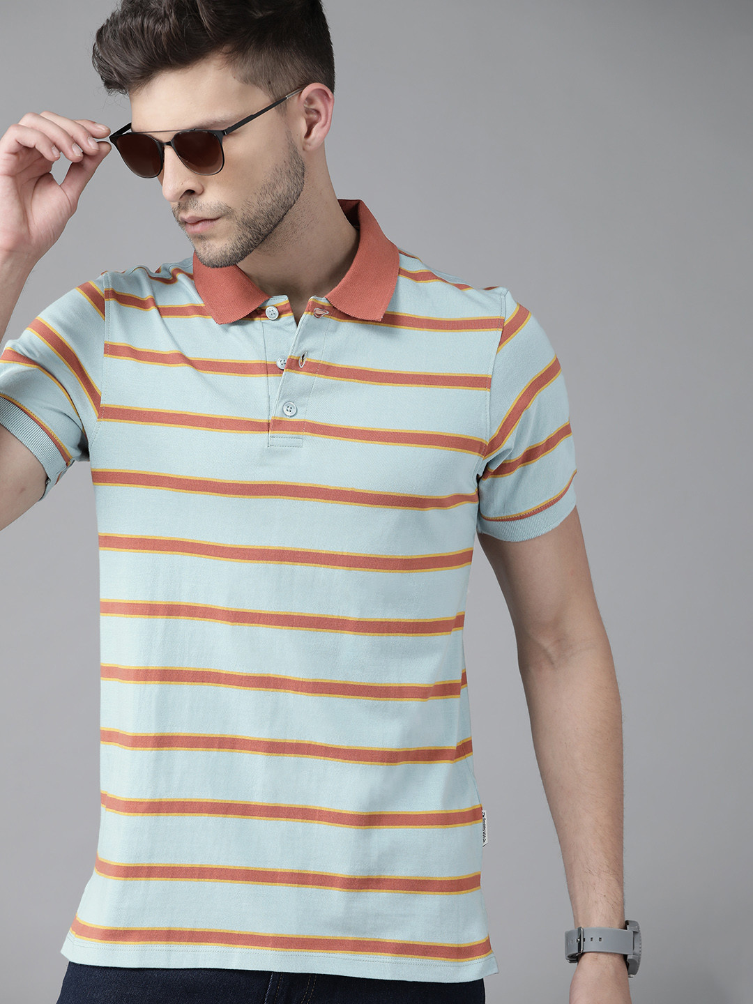 

Roadster Men Blue & Rust Orange Striped Polo Collar Pure Cotton T-shirt
