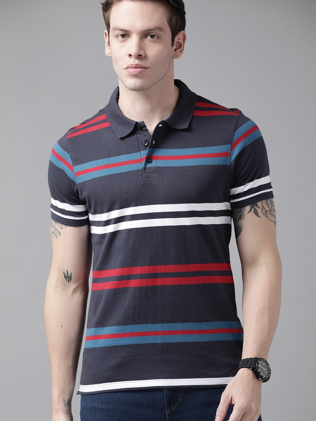 

Roadster Men Navy Blue & White Striped Polo Collar Pure Cotton T-shirt