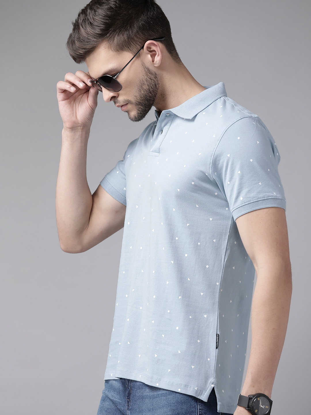 

Roadster Men Blue & White Printed Polo Collar Pure Cotton T-shirt