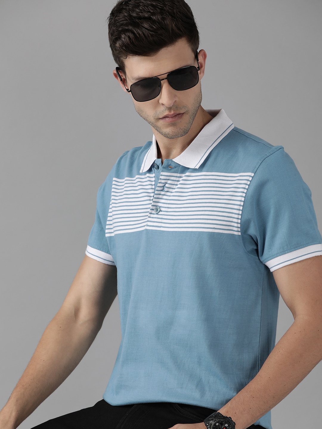 

Roadster Men Blue & White Striped Polo Collar Pure Cotton T-shirt