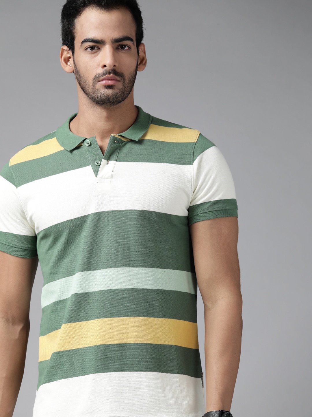 

Roadster Men Green & White Striped Polo Collar Pure Cotton T-shirt