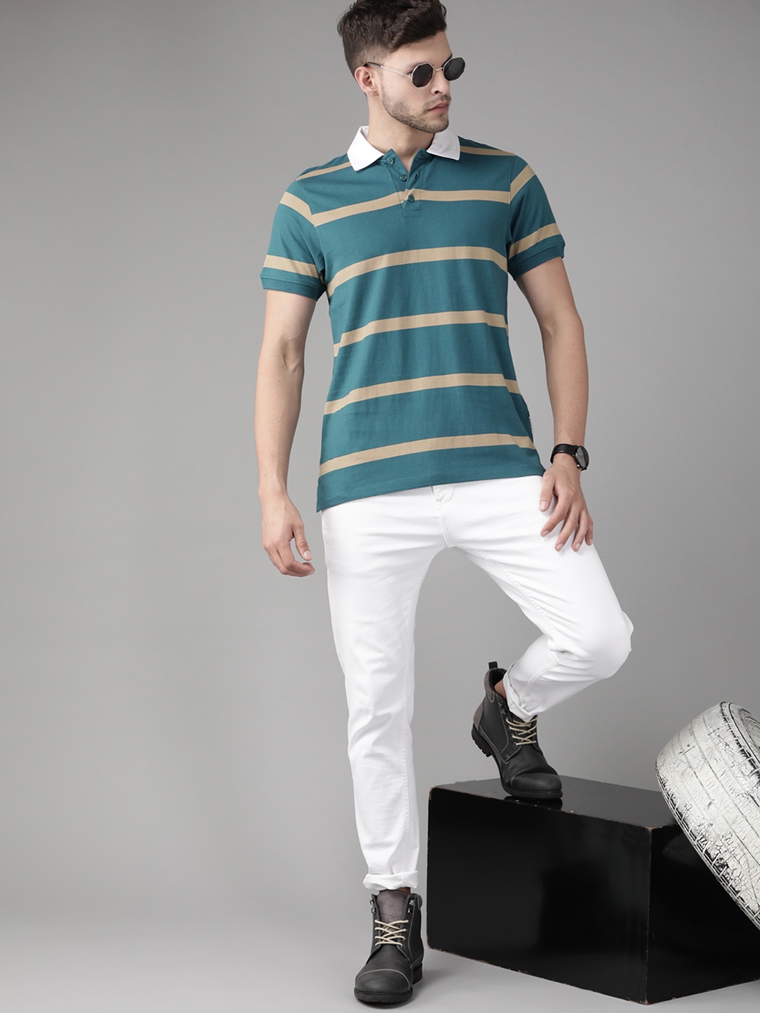 

Roadster Men Teal Blue & Khaki Striped Polo Collar Pure Cotton T-shirt