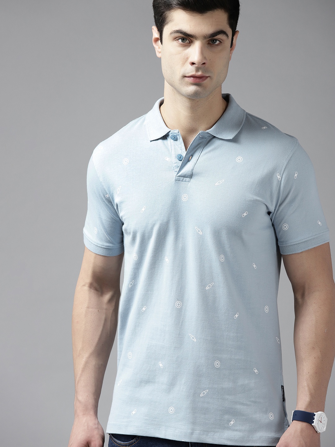 

Roadster Men Blue & White Printed Polo Collar Pure Cotton T-shirt