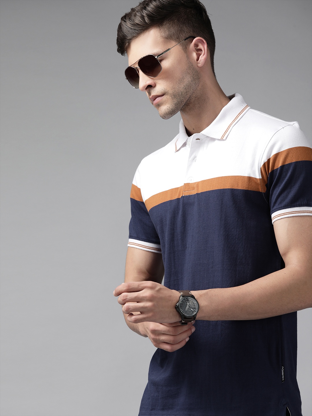 

Roadster Men Navy Blue & White Colourblocked Polo Collar Pure Cotton T-shirt