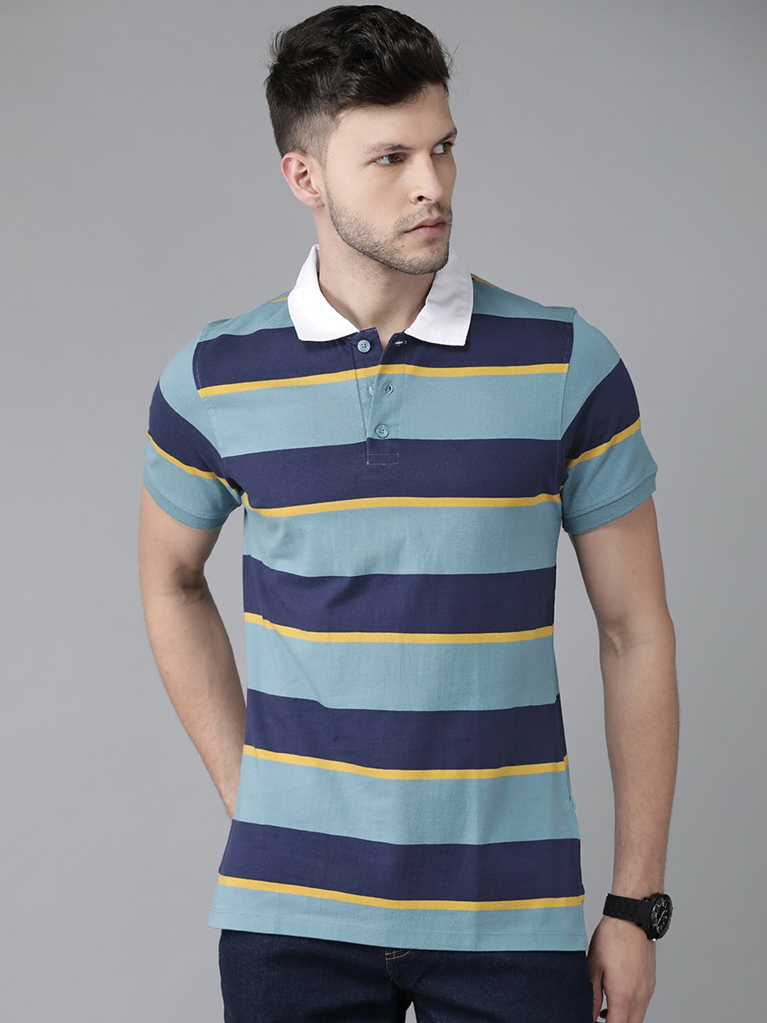 

Roadster Men Blue Striped Polo Collar Pure Cotton T-shirt