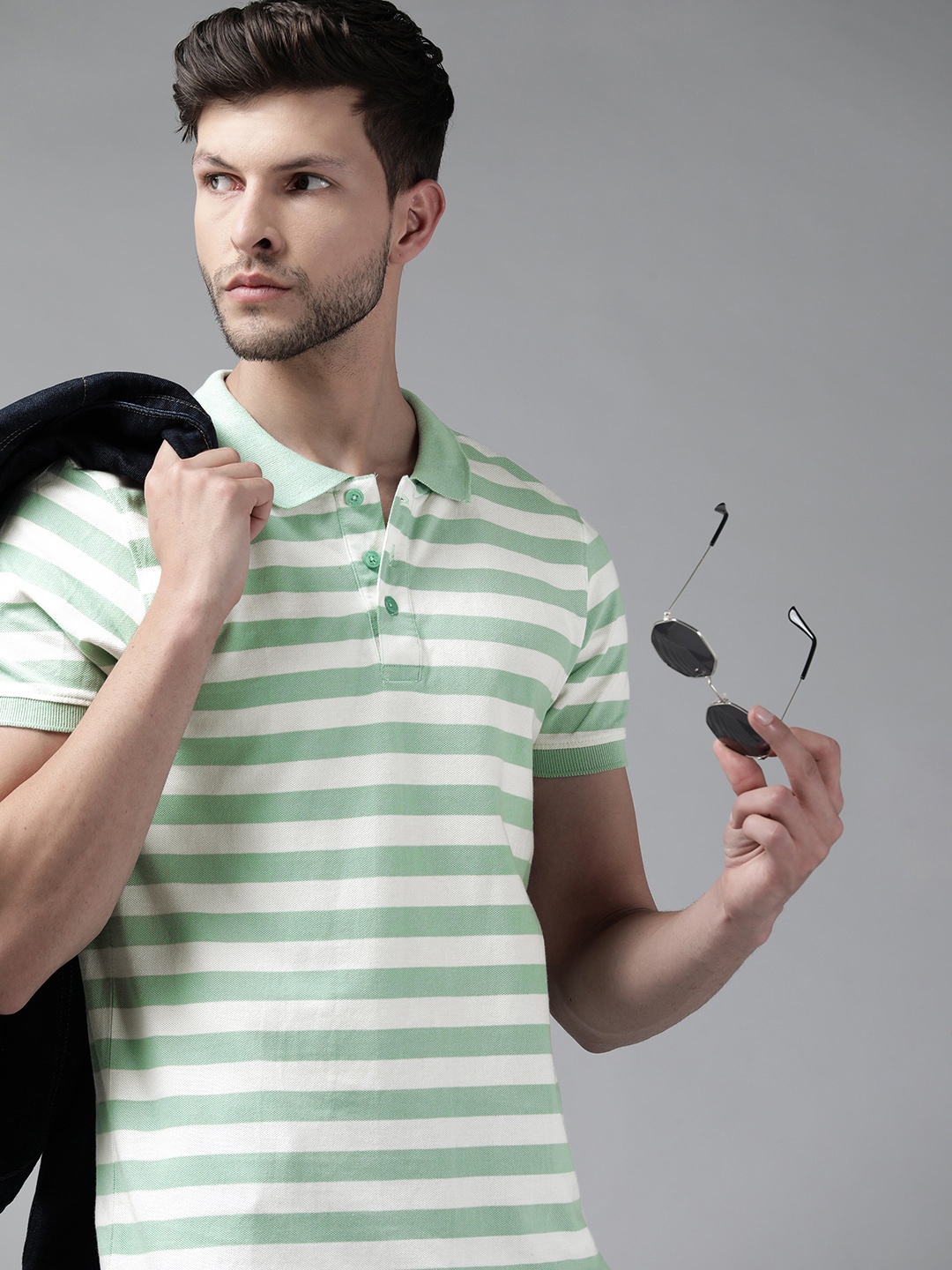 

Roadster Men Green & White Pure Cotton Striped Polo Collar T-shirt