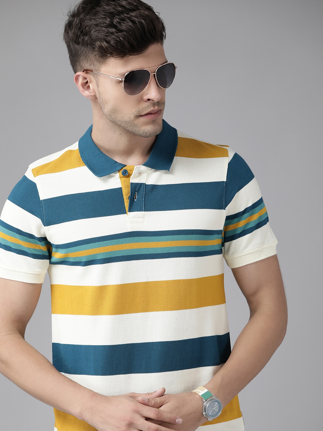 

Roadster Men Off White & Mustard Yellow Striped Polo Collar Pure Cotton T-shirt