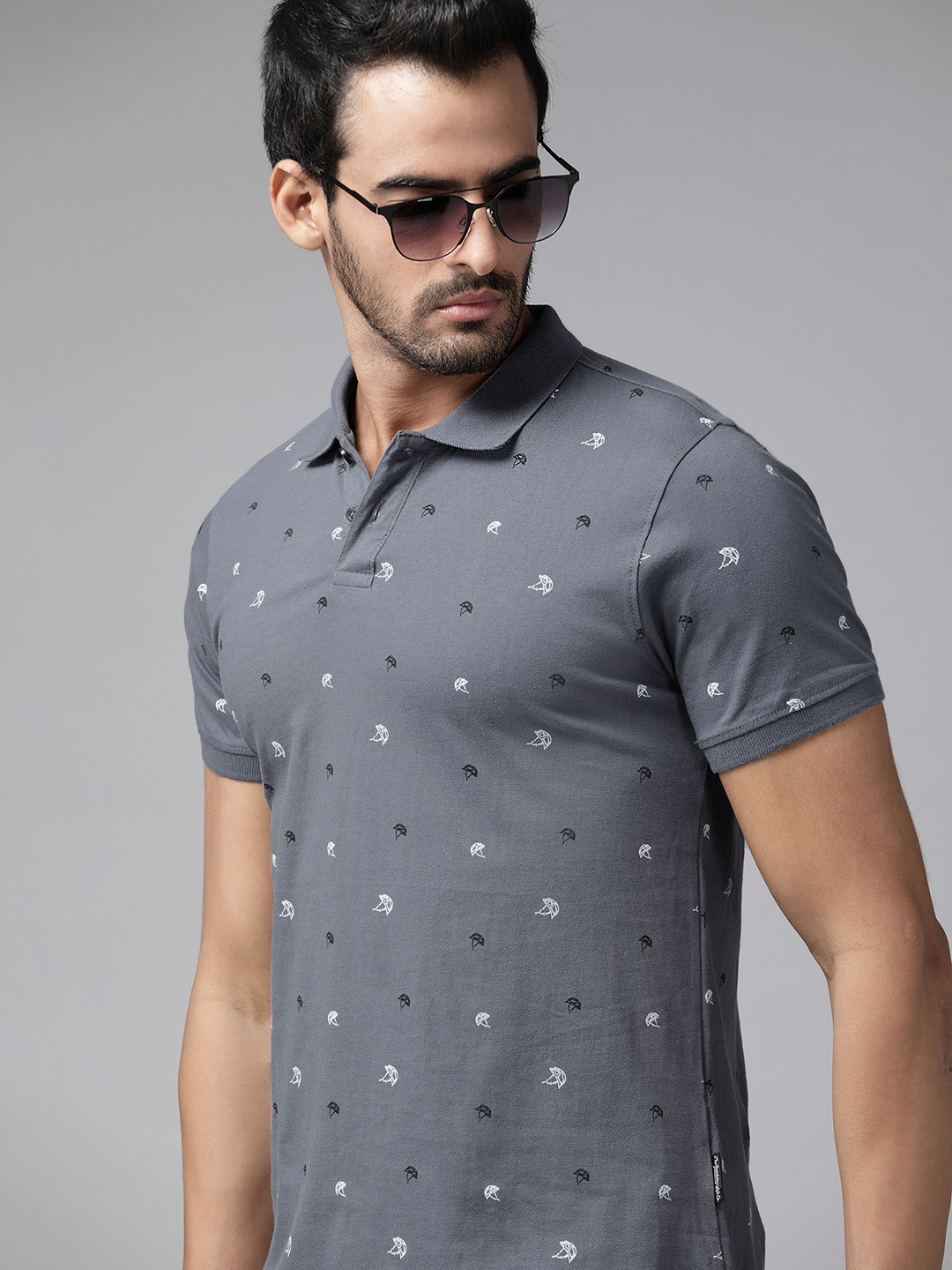 

Roadster Men Grey Printed Polo Collar Pure Cotton T-shirt