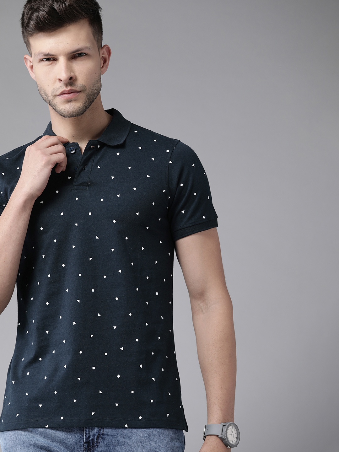 

Roadster Men Navy Blue Pure Cotton Printed Polo Collar T-shirt