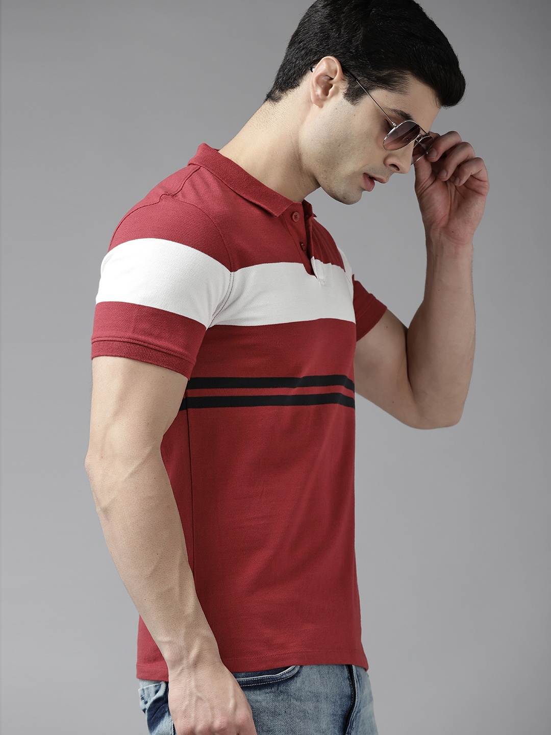 

Roadster Men Maroon & White Colourblocked Polo Collar Pure Cotton T-shirt