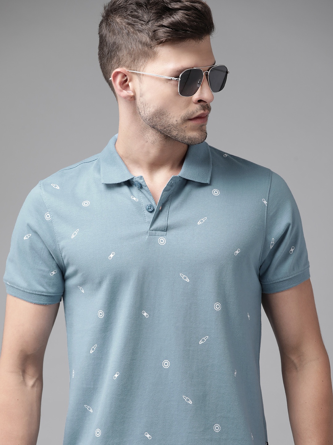 

Roadster Men Blue & White Conversational Printed Polo Collar Pure Cotton T-shirt