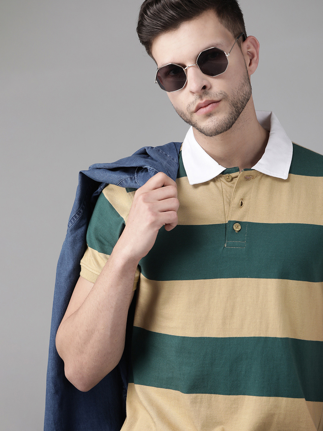 

Roadster Men Beige & Green Striped Polo Collar Pure Cotton T-shirt