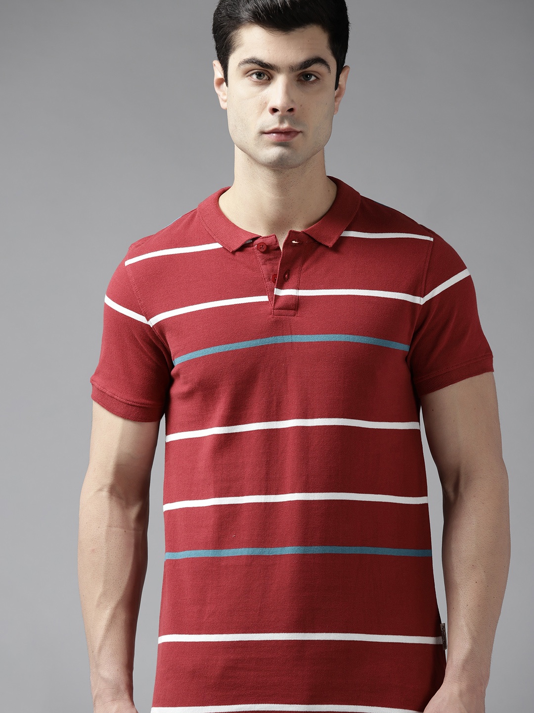 

Roadster Men Maroon & White Striped Polo Collar Pure Cotton T-shirt