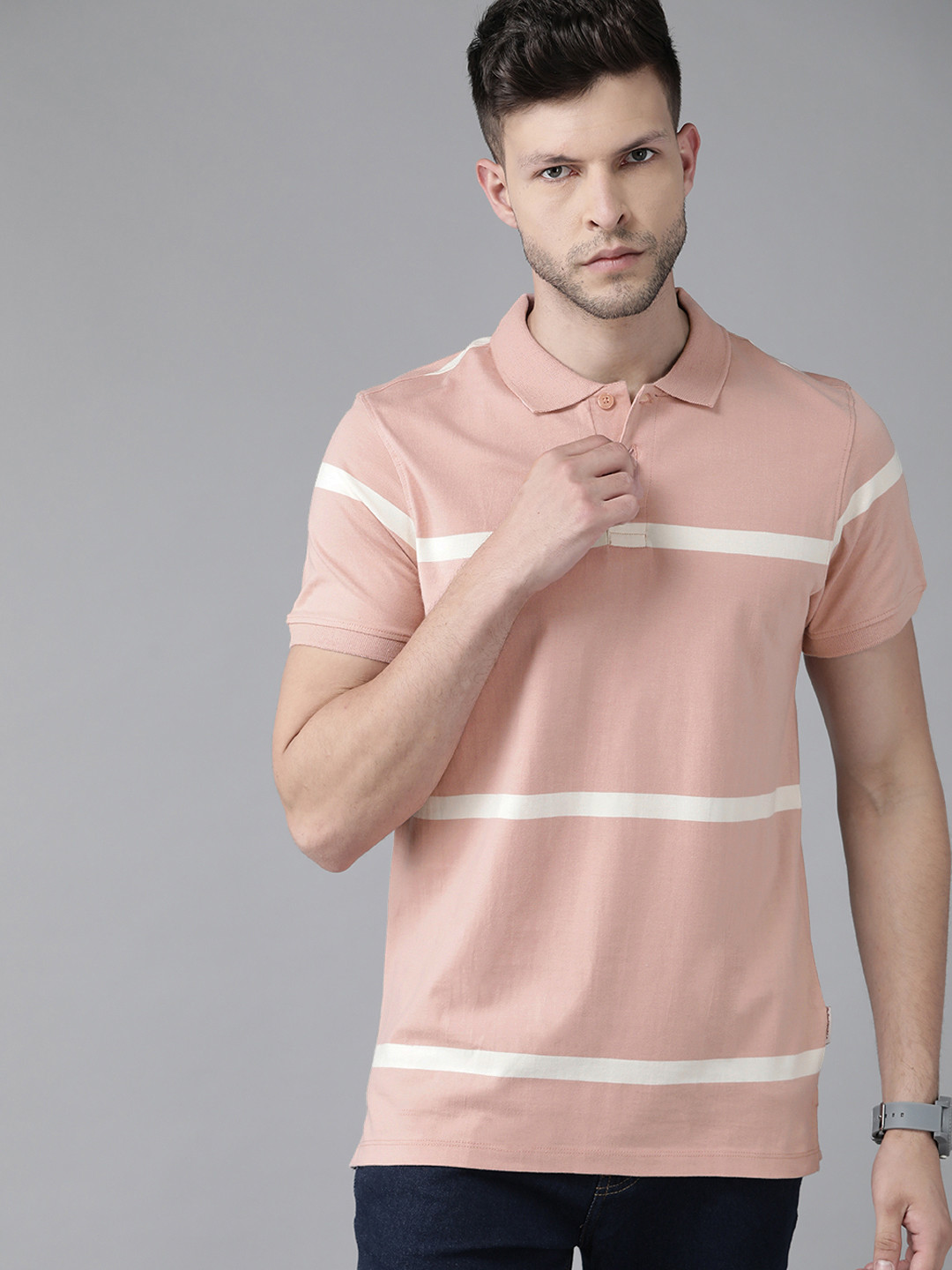 

Roadster Men Pink & Off White Striped Polo Collar Pure Cotton T-shirt