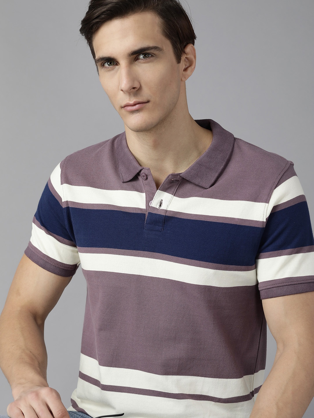 

Roadster Men Mauve & White Striped Polo Collar Pure Cotton T-shirt