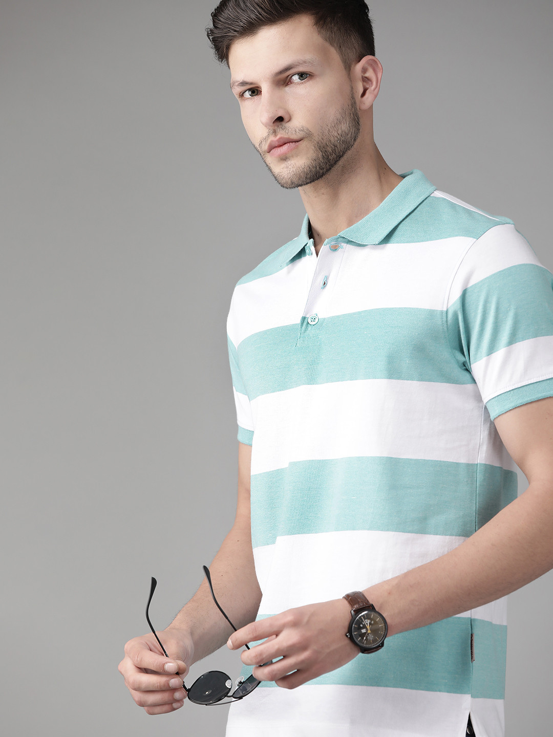 

Roadster Men Blue & White Striped Polo Collar Pure Cotton T-shirt
