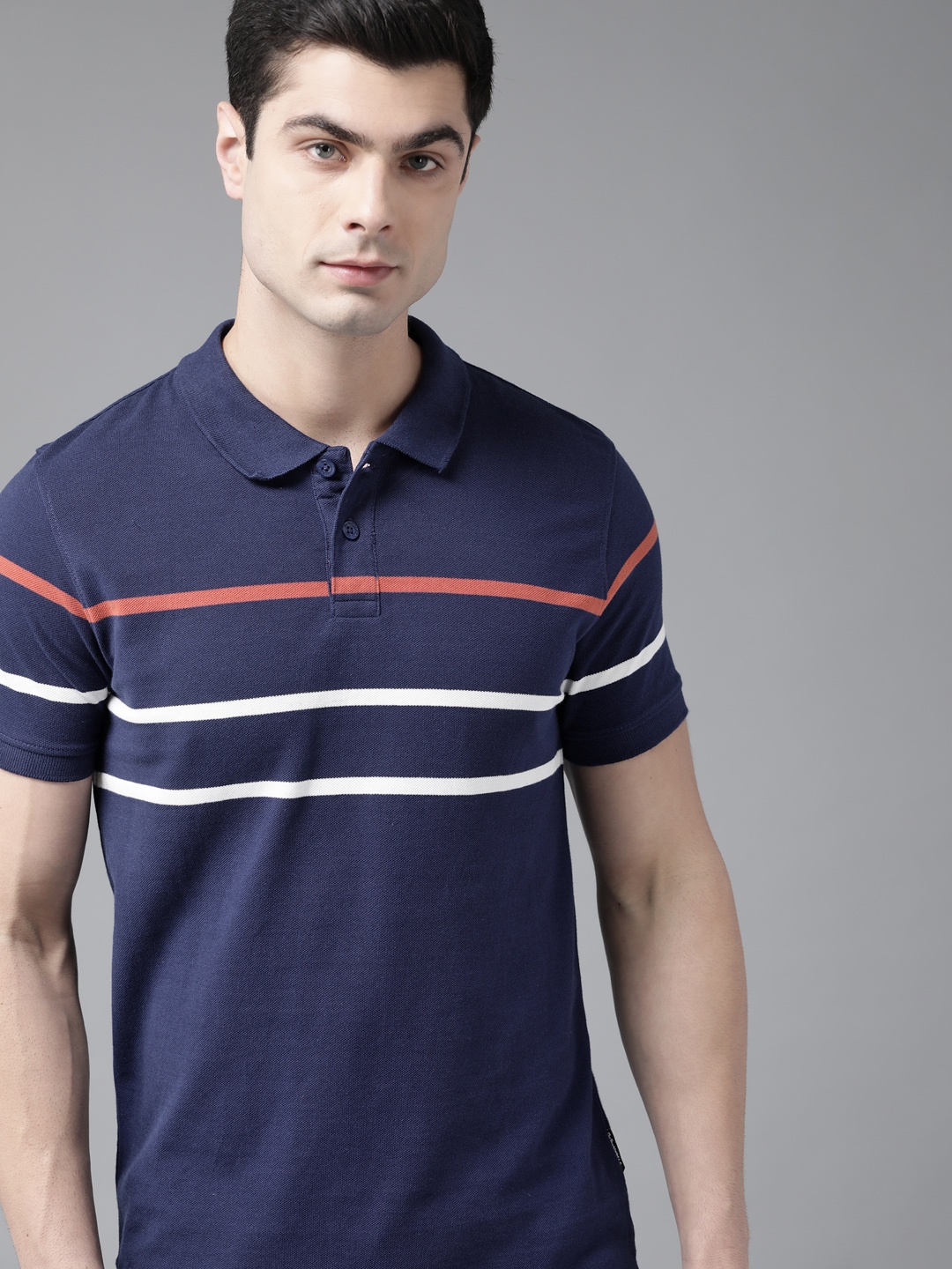 

Roadster Men Navy Blue & White Pure Cotton Striped Polo Collar T-shirt