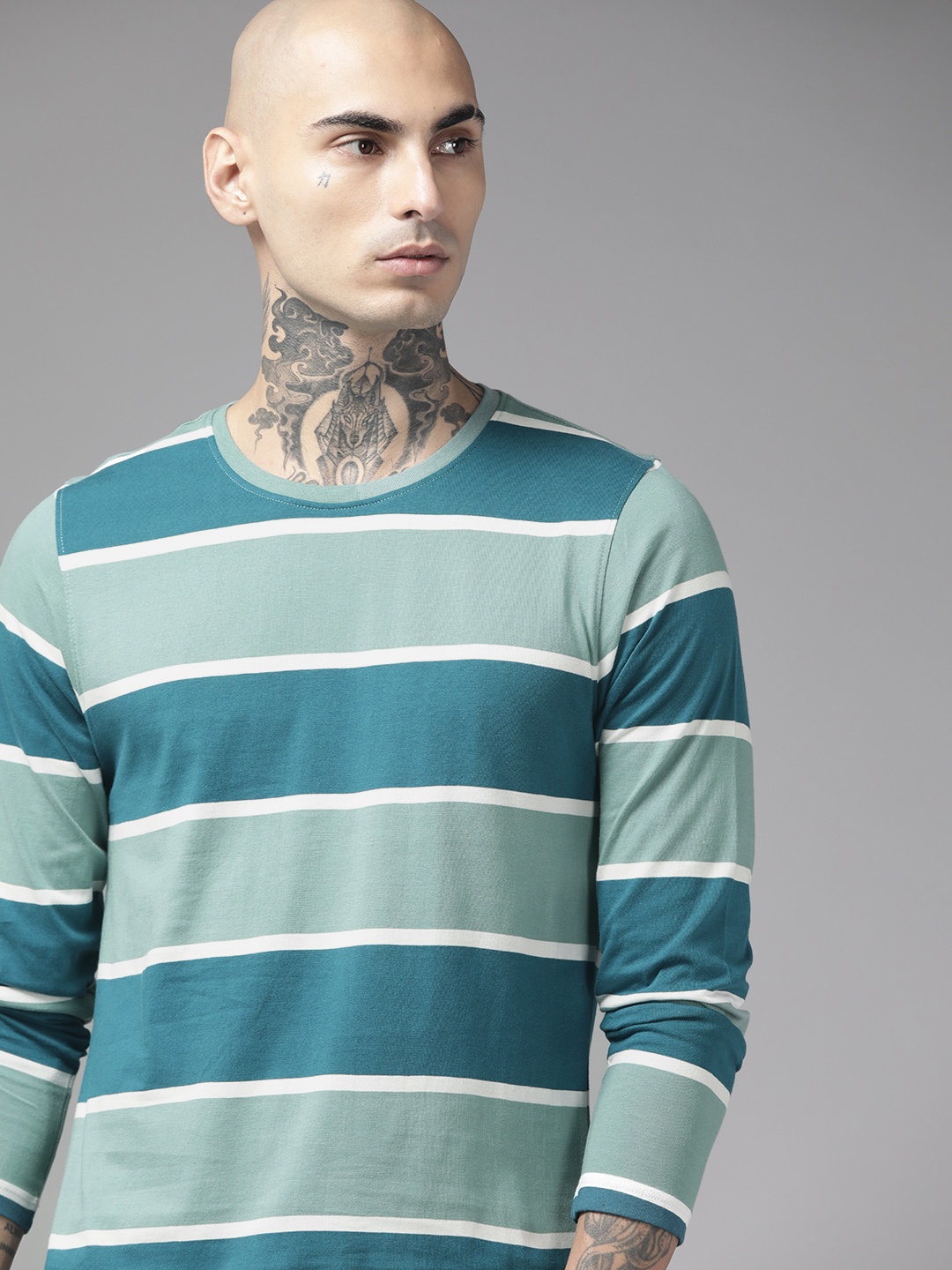 

The Roadster Lifestyle Co. Men Blue Striped Pure Cotton T-shirt