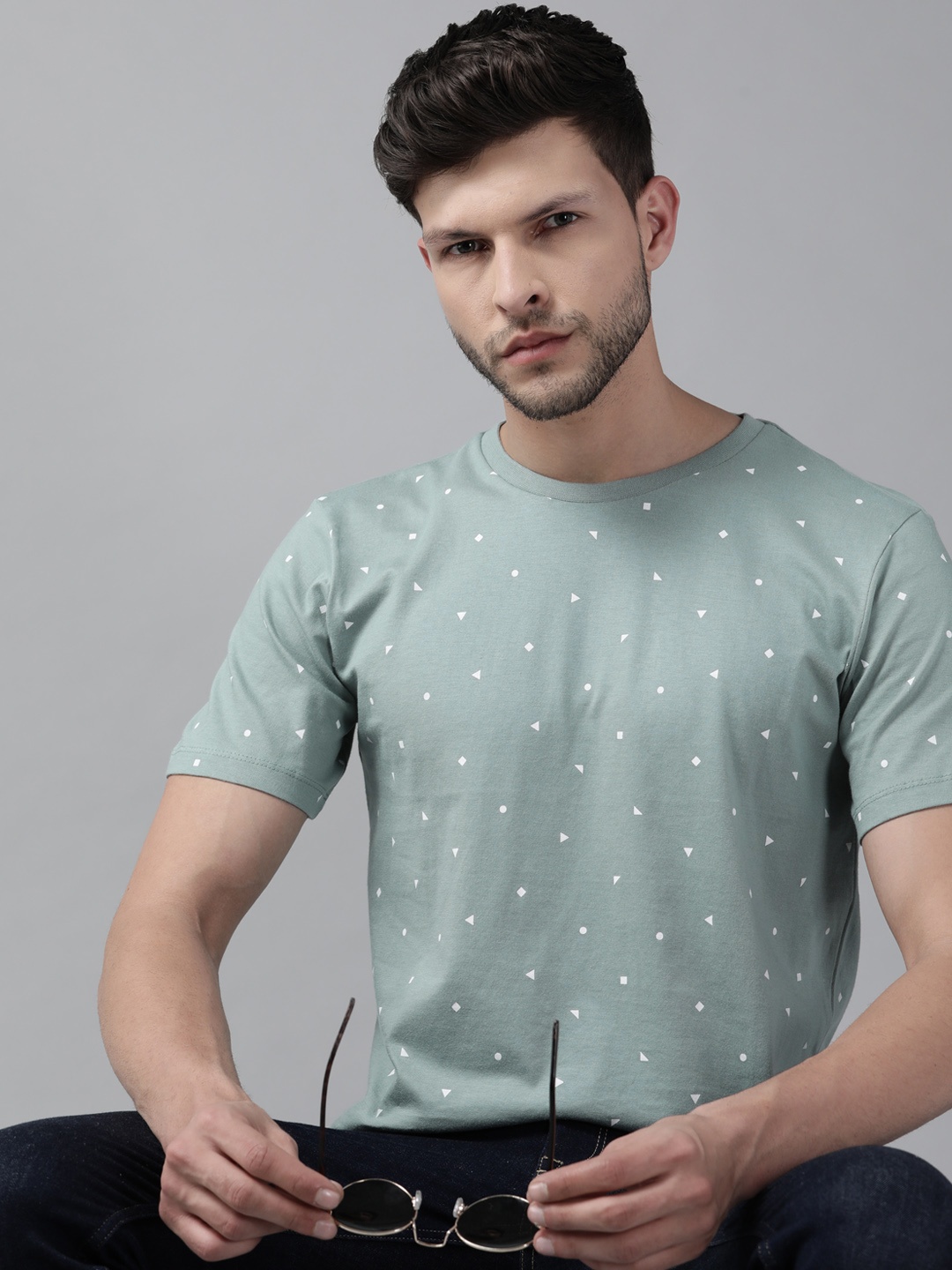 

Roadster Men Green & White Printed Pure Cotton T-shirt