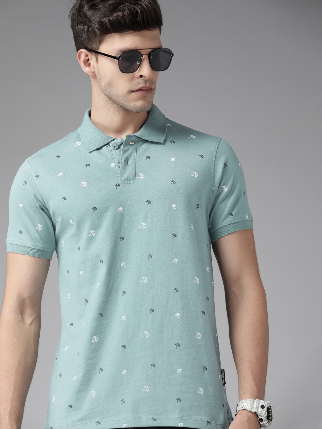 

Roadster Men Blue & White Pure Cotton Conversational Printed Polo Collar T-shirt