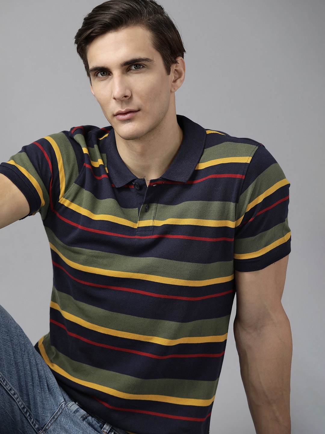 

Roadster Men Navy Blue & Mustard Yellow Striped Polo Collar Pure Cotton T-shirt
