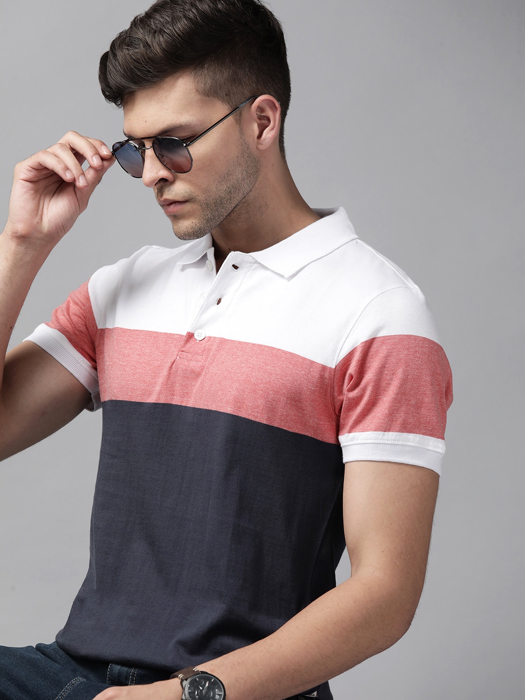

Roadster Men White & Pink Colourblocked Polo Collar Pure Cotton T-shirt