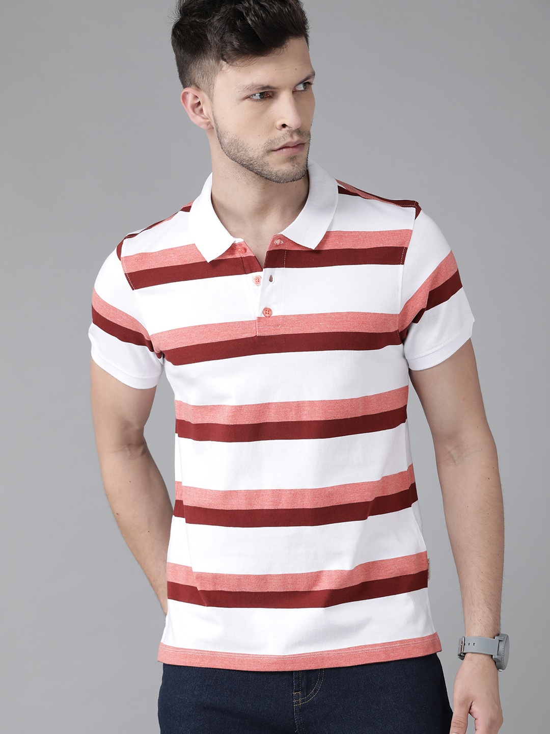 

Roadster Men White & Red Striped Polo Collar Pure Cotton T-shirt